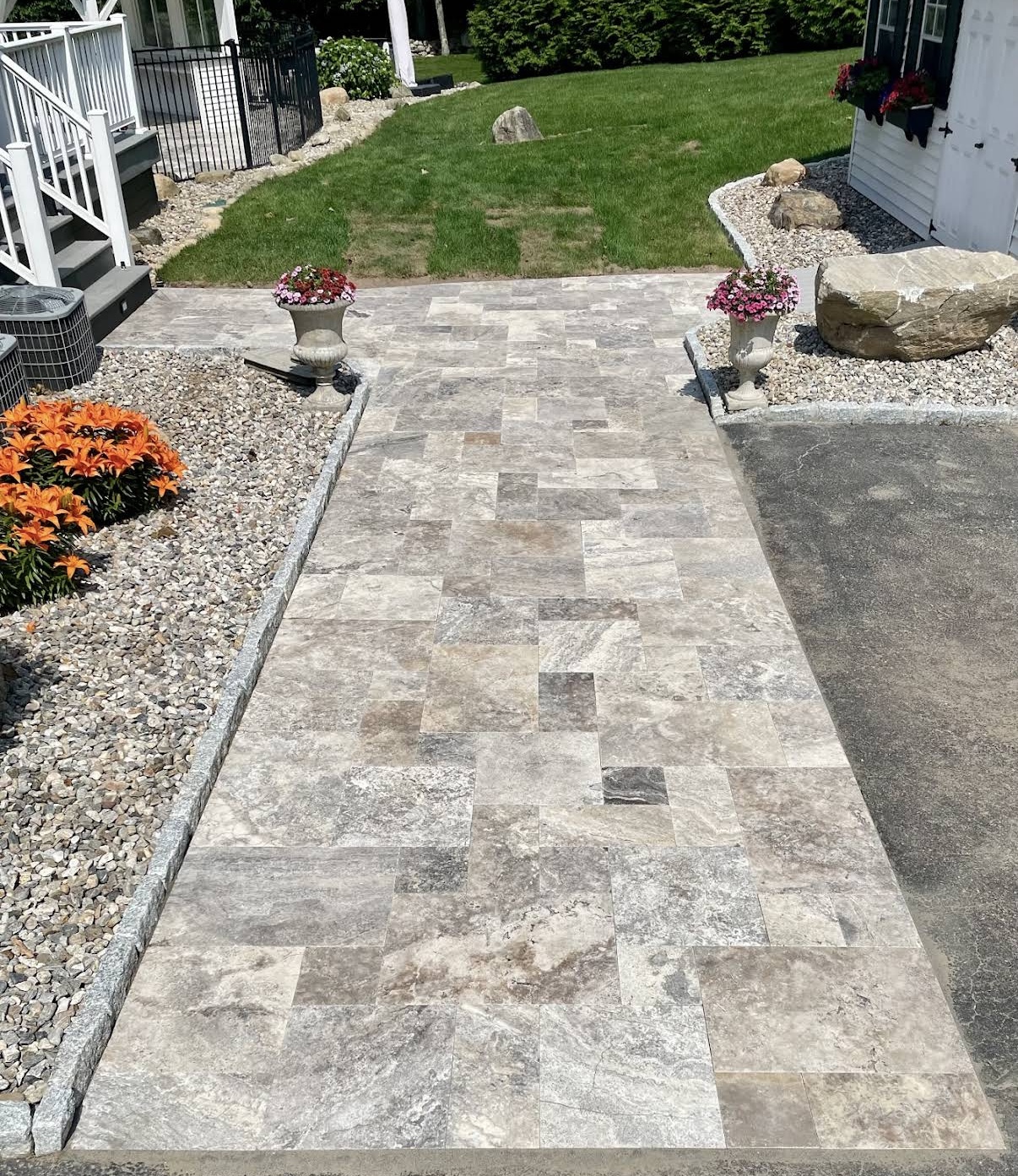 Travertine walkway with stone borders